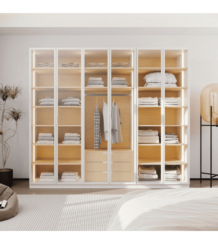 ארון בגדים 6 דלתות זכוכית עם תאורת LED דגם קופנהגן לבן משולב עץ טבעי | מבית WOODY