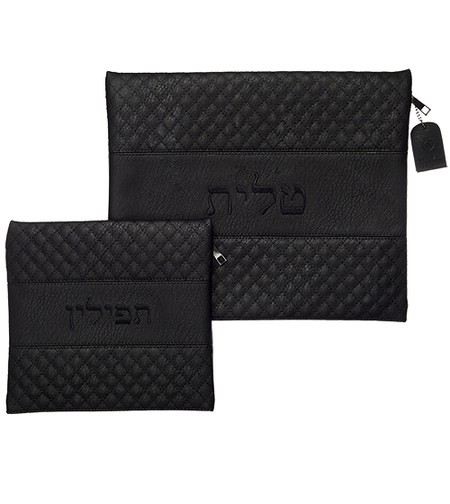 סט טלית תפילין דמוי עור צבע שחור + כיפה מתנה