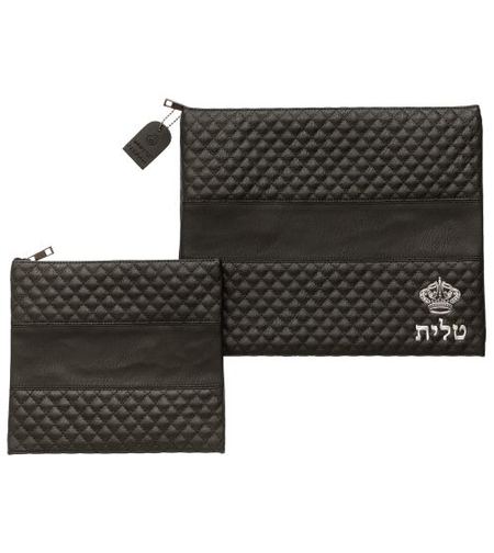 סט טלית תפילין דמוי עור שחור אותיות בולטות 