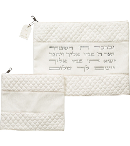 סט טלית תפילין דמוי עור לבן אותיות בולטות 