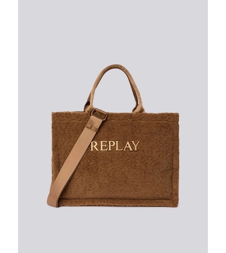 תיק יד לנשים בצבע חום עם לוגו מוזהב -REPLAY