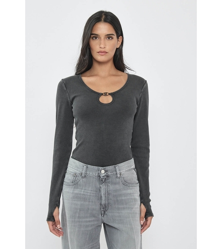 REPLAY - בודיסוט לנשים בצבע שחור עם מפתח טיפה ולוגו מתכתי