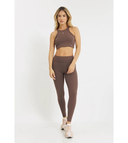 REPLAY - גופיית קרופ עם כתפיות דקות וטייץ ספורטיבי מחטב ארוך בצבע חום