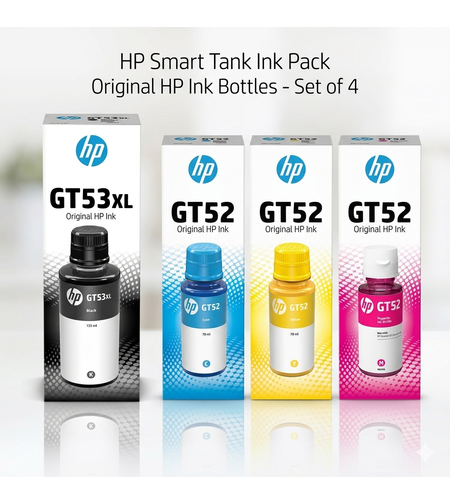 סט 4 בקבוקי דיו מקורי HP GT53XL / GT52 שחור וצבעוני למדפסות Smart Tank / Ink Tank