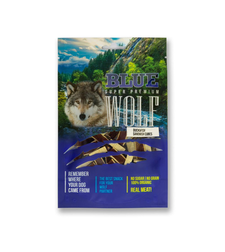 BLUE WOLF חטיף פרימיום לכלב – קוביות סנדוויץ ברווז ודגים מובחרים