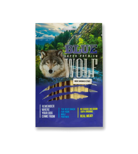בלו וולף - BLUE WOLF חטיף פרימיום לכלב – רצועות סנדוויץ ברווז ודג בקלה