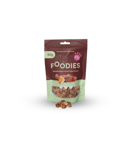 חטיף FOODIES קוביות ברווז ודג קוד 80 גרם - פודיס