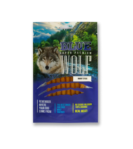 BLUE WOLF חטיף פרימיום לכלב – מקלוני ארנבת טבולים בשמן זית