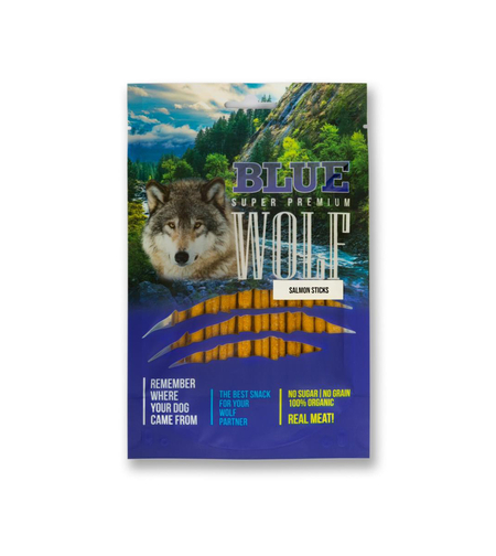 BLUE WOLF חטיף פרימיום לכלב – מקלוני סלומון טבולים בשמן זית