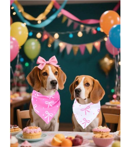 סינר משולש ורוד עם סרט לבן לחיות מחמד