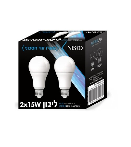 זוג נורות ליבון לד לבן E27 15W אור קר 6500K NISKO