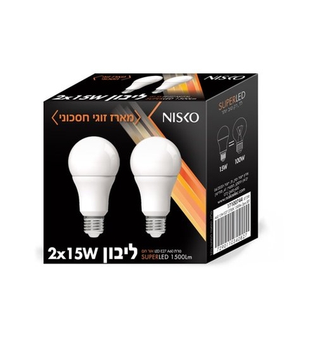 זוג נורות ליבון לד לבן E27 15W אור חם NISKO 2700K