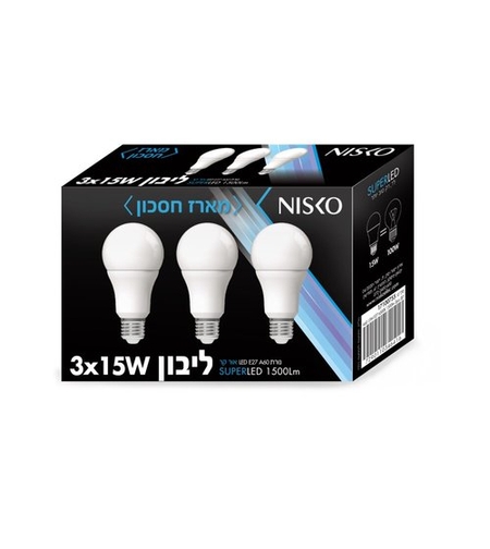 שלישיית נורות ליבון לד חלבית E27 15W אור קר 6500K NISKO