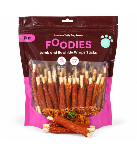 חטיף FOODIES לכלבים – מקלות לעיסה עטופים בבשר כבש ועור בקר, 1 ק״ג