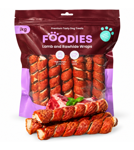 חטיף FOODIES לכלבים – מקלות עור בקר עטופים בטלה, 1 ק״ג