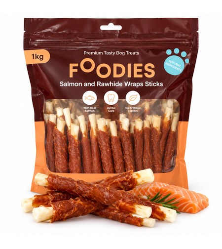 חטיף לעיסה לכלבים FOODIES – מקלות סלמון ועור בקר, 1 ק״ג