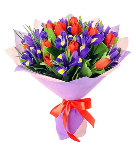 Bouquet of red tulips and iris