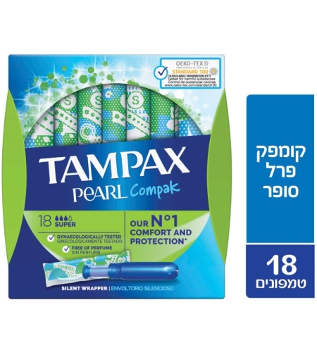 Tampax/טמפקס פרל קומפק טמפון עם מוליך סופר 18 יח