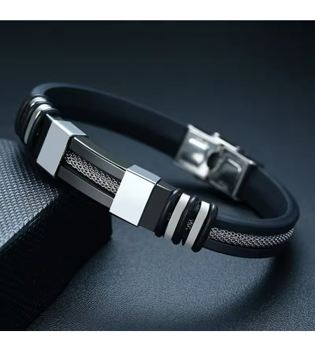 צמיד גומי - פלטה שחורה משולב כסף לגבר