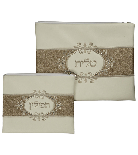סט טלית תפילין מהודר דמוי עור לבן משובץ אבנים עם נצנצים בגוון נחושת במרכז 30X37 ס'מ