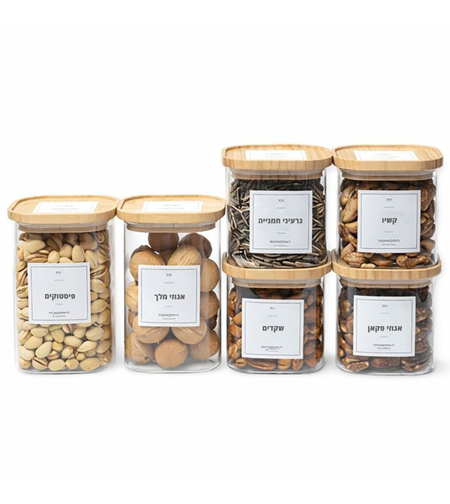 צנצנות לתבלינים וקטניות מזכוכית + 80 מדבקות בעברית דגם ליאו