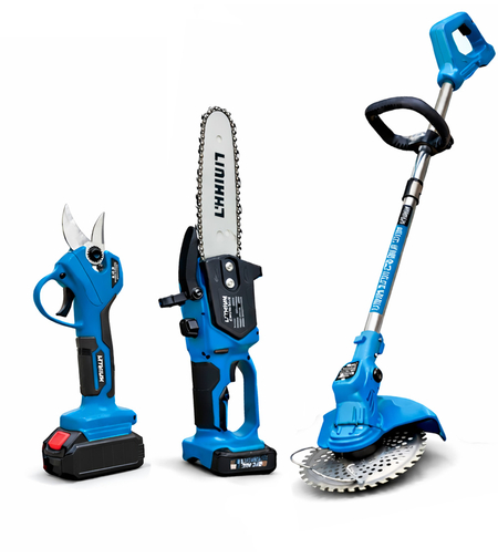 סט חרמש, מסור שרשרת ומזמרה כולל 2 סוללות נטענות