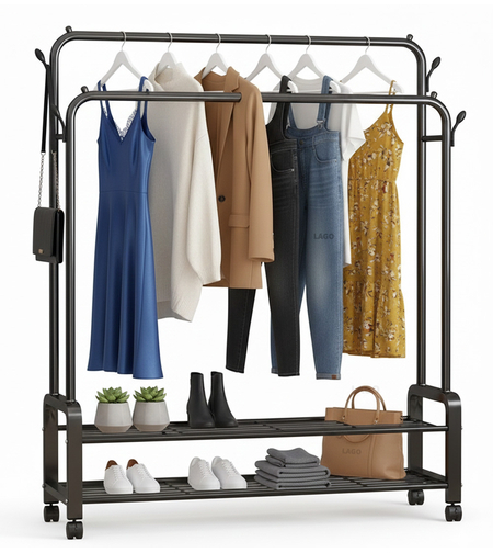 מתלה בגדים כפול כולל 2 מדפים רחבים לאחסון וגלגלים