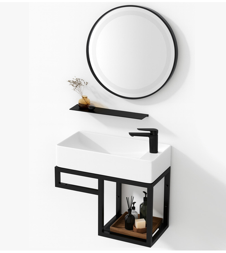 סט כיור תלוי רומא כולל מראה שחורה ומדף תליה תואם כיור 22*44 דגם 1287