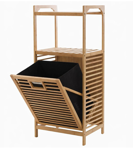 סל כביסה במבוק כולל מדפים מעץ טבעי דגם 21