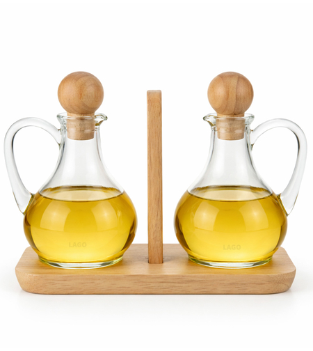 סט 2 יח' כדי שמן מזכוכית עם מעמד עץ טבעי