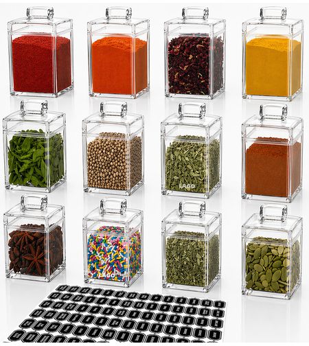 סט צנצנות אקריל 700 מיל כולל בונוס 78 מדבקות לתבלינים בעברית מכסה עם ידית