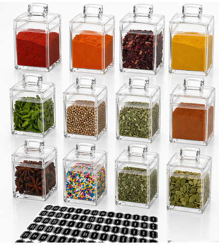 סט צנצנות אקריל 450 מיל כולל בונוס 78 מדבקות לתבלינים בעברית מכסה עם ידית