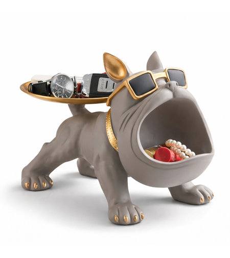 בולדוג מקרמיקה דקורטיבי עם מגש אפור