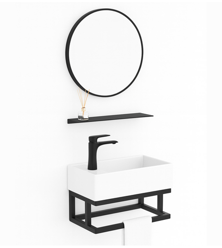 סט כיור תלוי ברלין כולל מראה שחורה ומדף תליה תואם כיור 24*42 דגם 1290