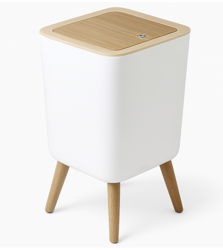 פח טאצ 7 ליטר עם רגליים מרובע בגוון לבן ועץ דגם 1284