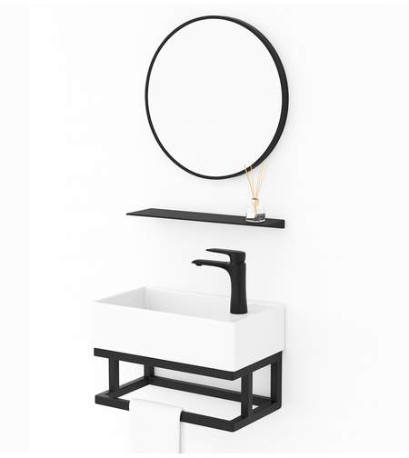 סט כיור תלוי ברלין כולל מראה שחורה ומדף תליה תואם כיור 24*42 דגם 1290