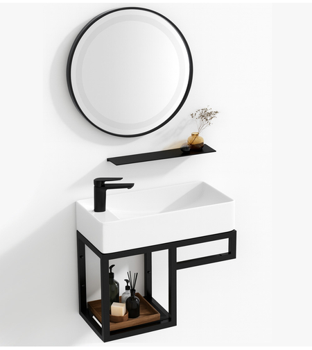 סט כיור תלוי רומא כולל מראה שחורה ומדף תליה תואם כיור 22*44 דגם 1287