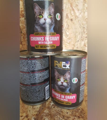 פטקט שימורי מזון מלא לבוגרים עם נתחי סלמון ברוטב עסיסי petex complete food for cats chunks in gravy