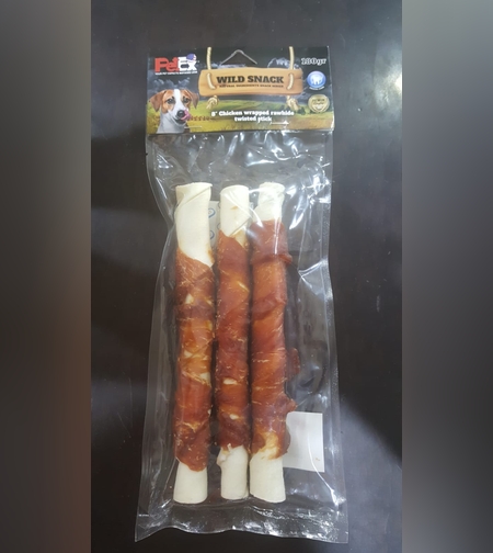 מקלות עור בקר בציפןי בשר עוף 8 אינץ(3 יחידות) Chicken wrapped rawhide twisted stick 