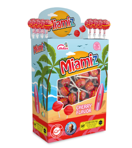 סוכריות על מקל בטעם דובדבן ממולאות בגומי לעיסה