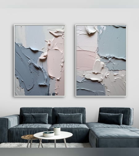 זוג תמונות על בד כותנה סגנון אבסטרקט מריחות צבע גוונים כחול וסגול דגם - B20123