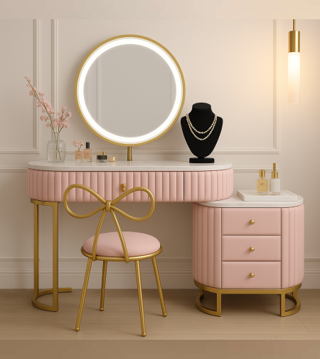 שידת איפור פפיון זהב בצבע ורוד