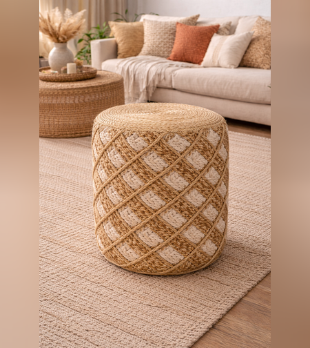 הדום ישיבה עגול מראטן וחבל – עיצוב טבעי בסגנון בוהו