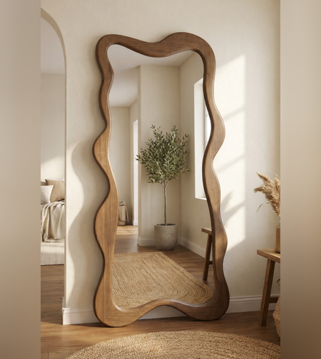 מראת גוף מעוצבת מעץ אגוז מלא – מסגרת גלים אורגנית