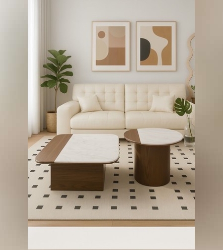 סט שני שולחנות מעץ ושיש מרובע ועגול