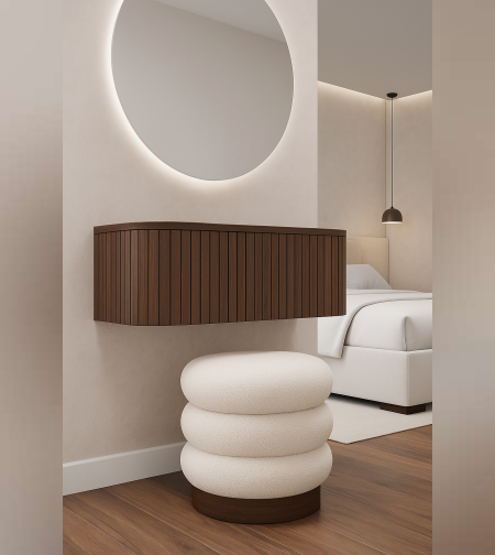 קונסולה תלויה עם מראה עגולה והדום – פינת איפור מודרנית מעוצבת לחדר שינה
