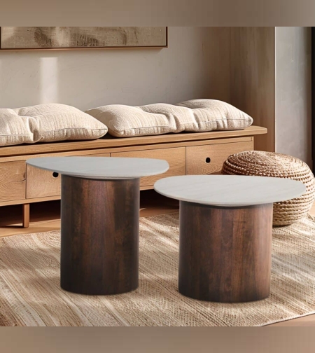 סט 2 שולחנות דגם סידני רגל עץ ושילוב פלטת שיש בצורת טיפה