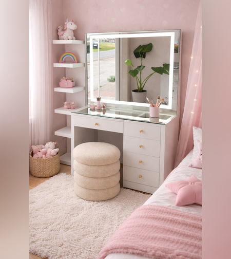 שידת איפור עם מראה ותאורת LED היקפית – כולל הדום לבן-דגם שיה