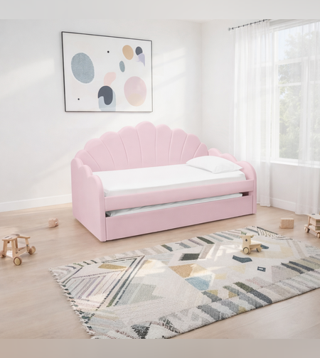 מיטת יחיד מעוצבת עם מיטת חבר נשלפת – צבע ורוד דגם יהלי