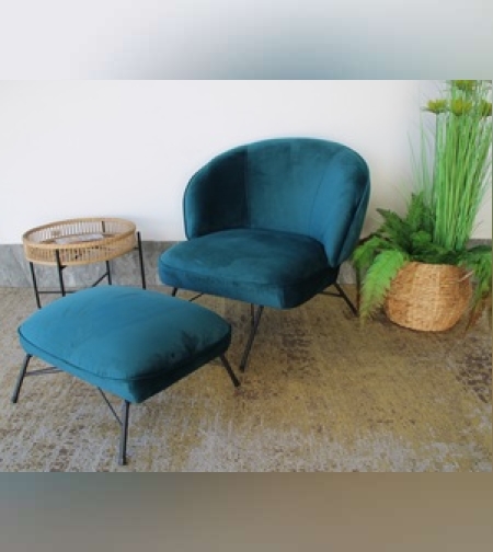 סט כורסא והדום בצבע טורקיז כהה עם רגלי מתכת בשחור